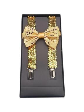 Men AB Elastic Band Gold Sequin Suspender With Maching Polyester Bowtie